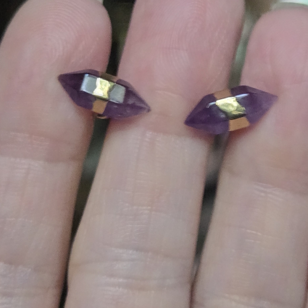 Amethyst natural crystal gemstone sterling & gold earrings - Picture 7 of 8